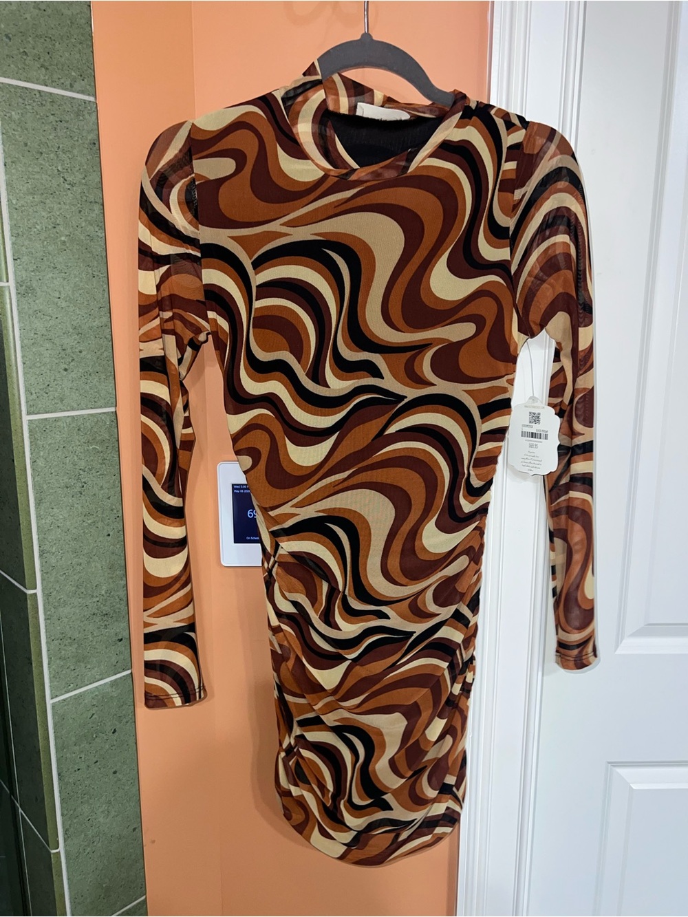 Altar'd State Long Sleeve Swirl Print Dress in Brown and Cream